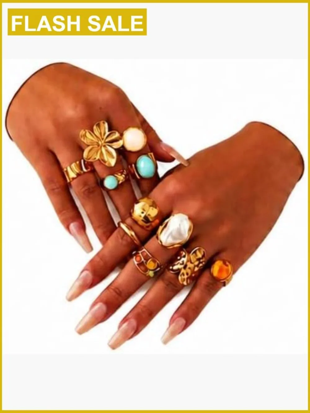 Chunky Baroque Pearl Flower Tiger's Eye Stone Rings Set Non Tarnish Stacking
